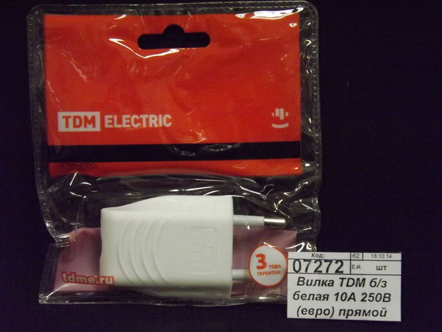 Вилка TDM без заземления белая 10А 250В (евро) прямой вывод, 0089 *30/600