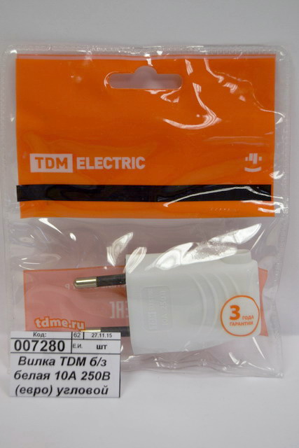 Вилка TDM без заземления белая 10А 250В (евро) угловой вывод, 0090 *30/600