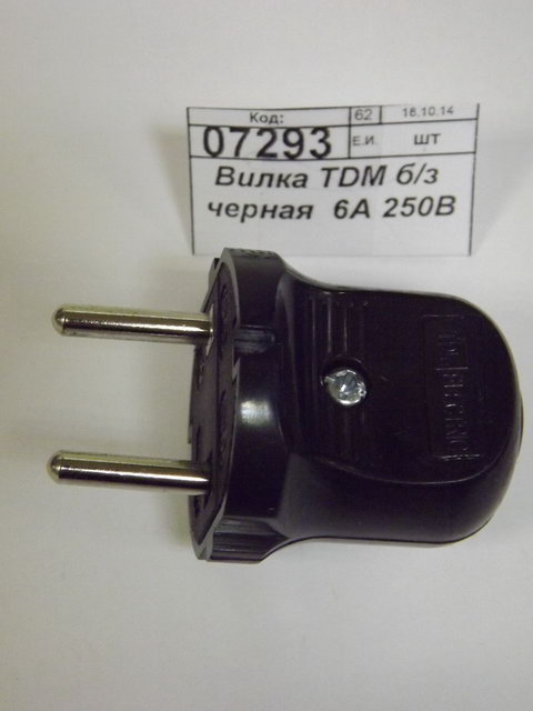 Вилка TDM без заземления черная  6А 250В *50/500