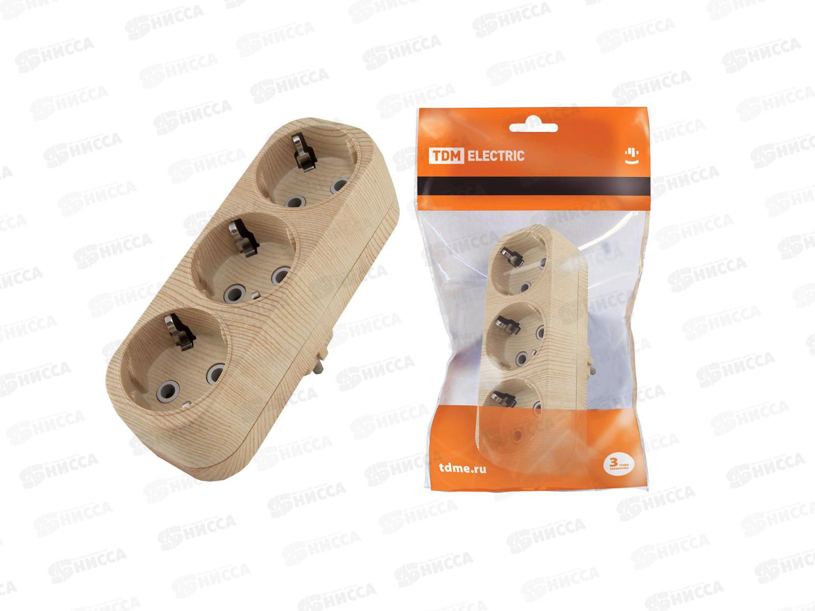 Блок на 3гнезда (тройник) 2П+З с заземлением плоский 16А 250В &quotЭко&quot сосна, 0076 TDM