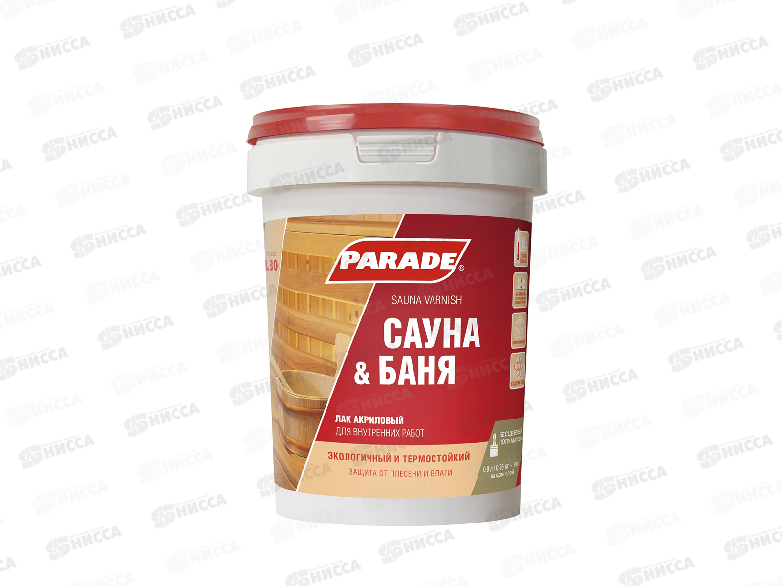 ЛАК для сауны и бани акриловый L30 PARADE полуматовый бесцветный 0,9л *6 3637 ЛАКРА