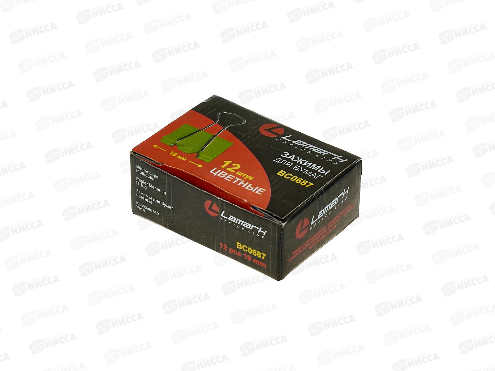 Зажим для бумаг LAMARK, BC0687 19мм 12шт неоновый, картонная упаковка *12