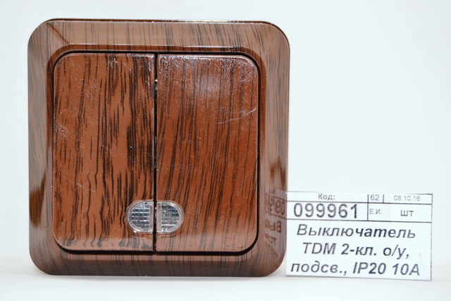 Выключатель TDM 2-клавиша открытая установка, подсветка, IP20 10А бук &quotЛадога&quot, 0030