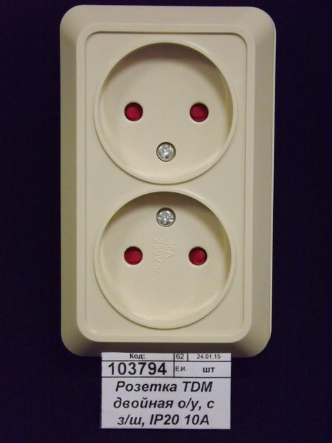Розетка TDM двойная открытой установки, с з/ш, IP20 10А сл.кость, &quotЛадога&quot, 0065