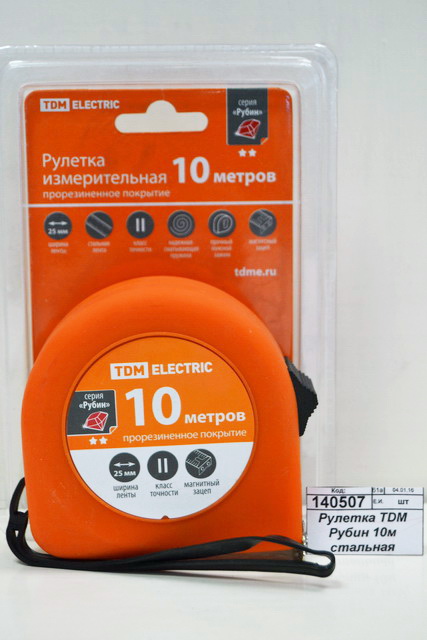 Рулетка TDM Рубин 10м стальная лента 25мм, прорезиненное покрытие., магн., 0108 *12