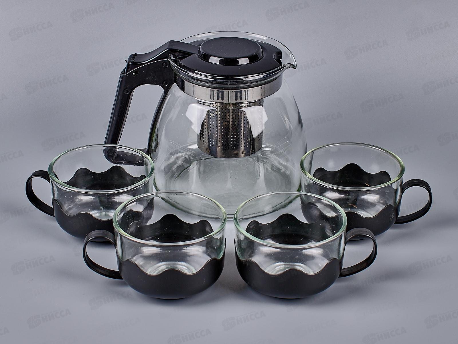 Чайник заварочный 1100 мл., стекло, + 4 кружки, AL-55384 *24