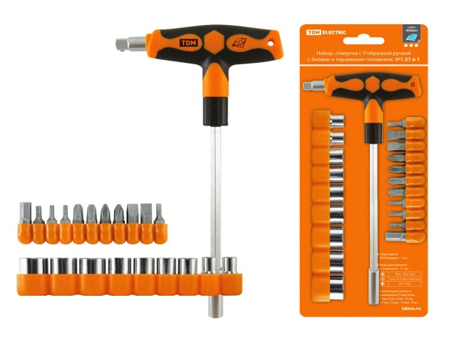 Отвертка Т-образная с битами и торцевыми головками, 21предмет, &quotАлмаз&quot, TDM