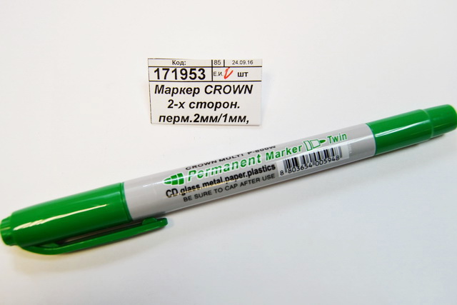 Маркер CROWN 2-х сторонний перманентный 2мм/1мм, зеленый, P-800W *12