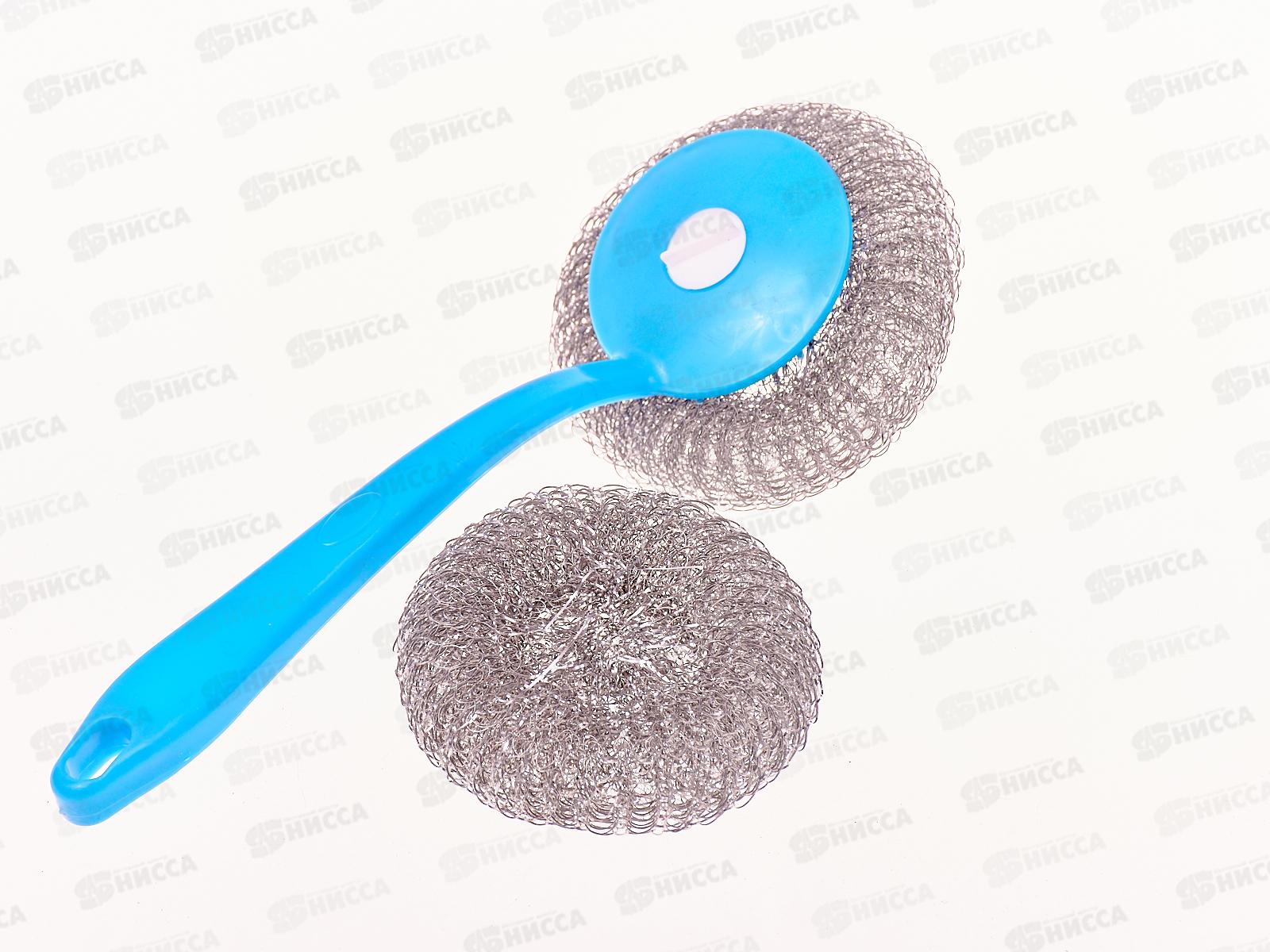 Губка для посуды металлическая, с пластиковой ручкой + запасной блок, AL-132 *300