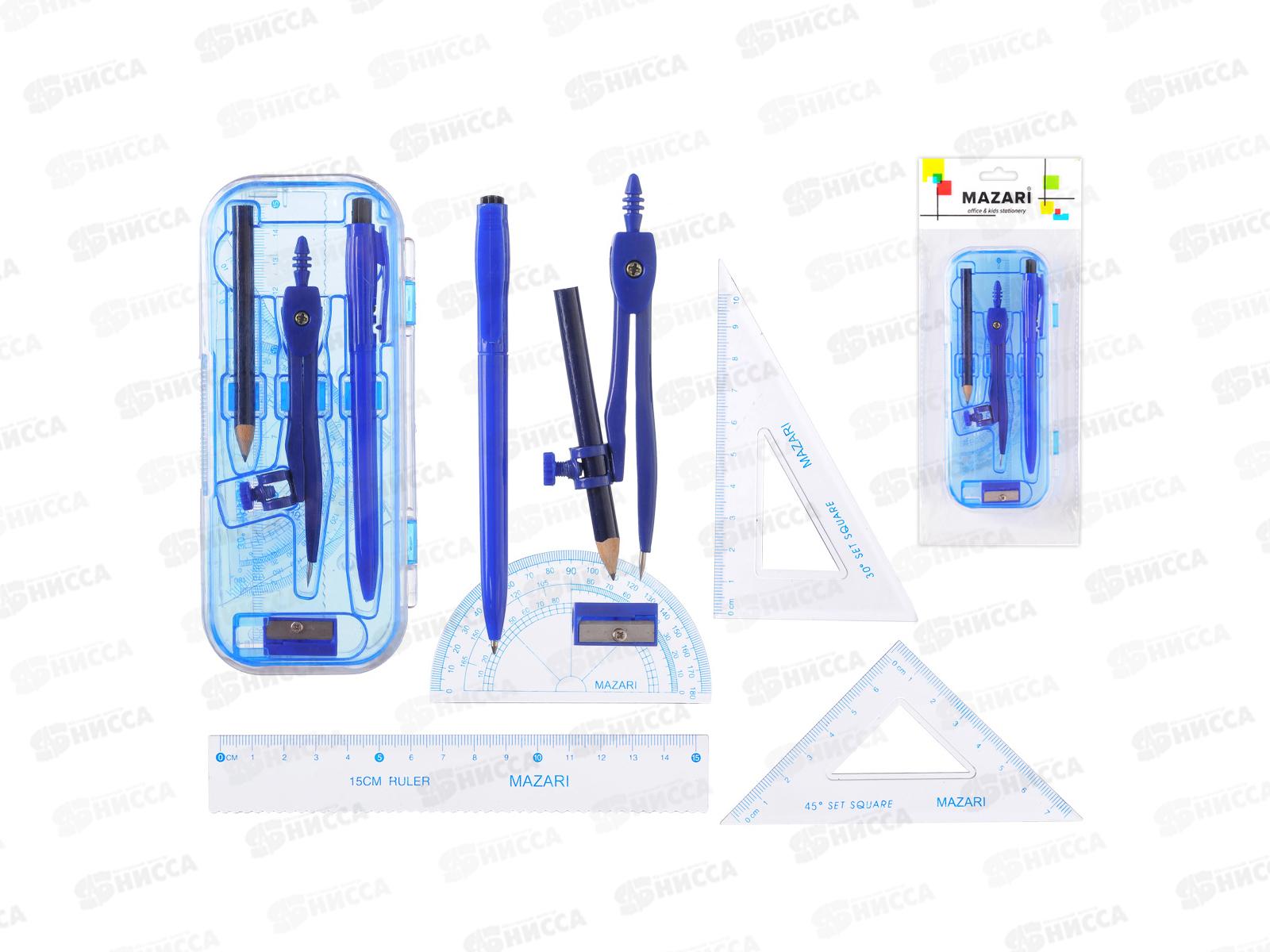 Готовальня MAZARI 8 предметов  (циркуль , 2 карандаша , 2 угольных линейки 15, транспортир , точилка), M-4502 *12/144