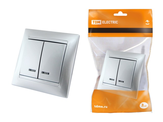 Выключатель TDM 2-клавишный открытой установки,подсветка, 10А серый металлик &quotЛама&quot, 0205 *10