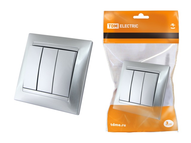 Выключатель TDM 3-клавишный открытой установки,10А серый металлик &quotЛама&quot, 0203 *10