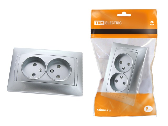 Розетка TDM двойная cкрытой установки, 10А с защитными шторками, серый металлик, &quotЛама&quot, 0212 *7