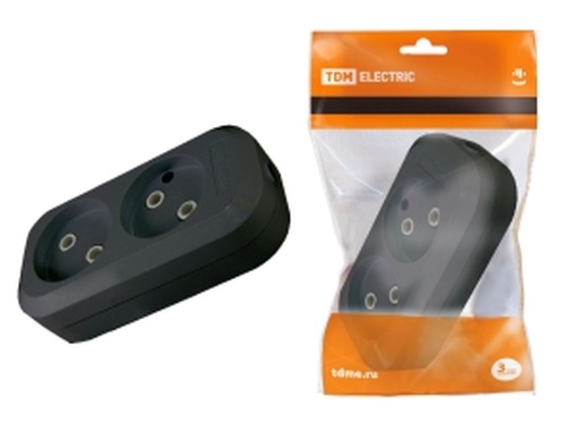 Колодка розетка TDM 2гнезда 2П без заземления 10А 250В черная, 0112 *20/160