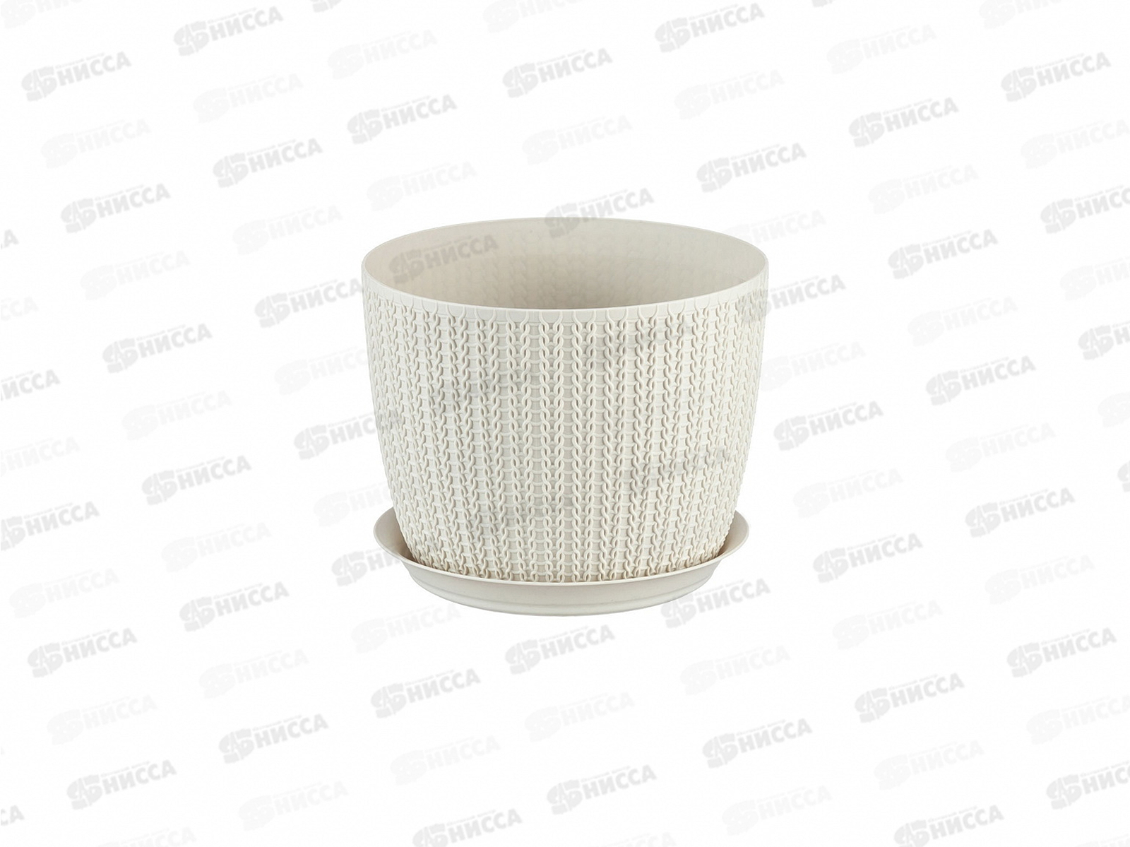 Кашпо ВЯЗАНИЕ D135мм с поддоном белый ротанг М3119 *12