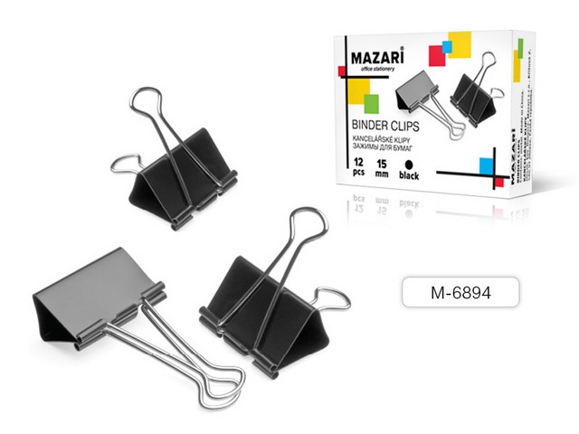 Зажим для бумаг MAZARI М-6894 15мм 12шт черный, металлический *12