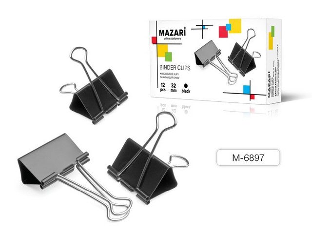 Зажим для бумаг MAZARI М-6897 32мм 12шт черный, металлический,  *12/36