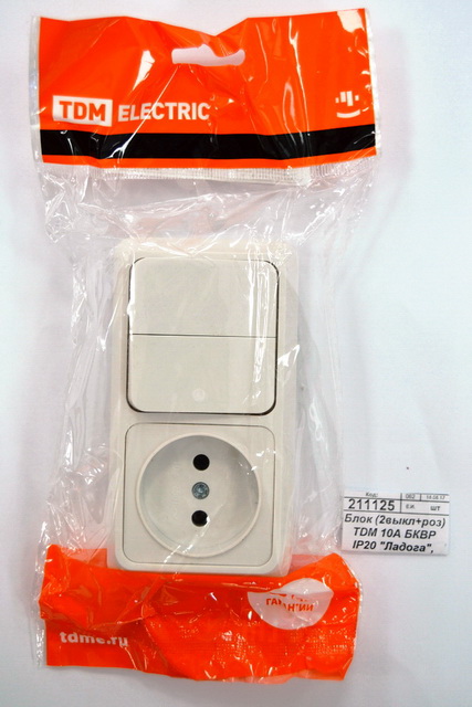 Блок (2выкл+роз) TDM 10А БКВР IP20 &quotЛадога&quot, 0106 *5/200