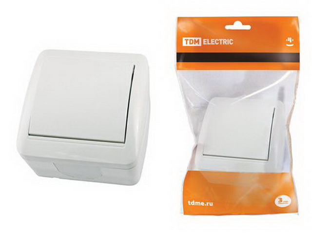 Выключатель TDM 1-клавишный открытой установки, IP44 10А белый, &quotСелигер&quot, 0001 *10