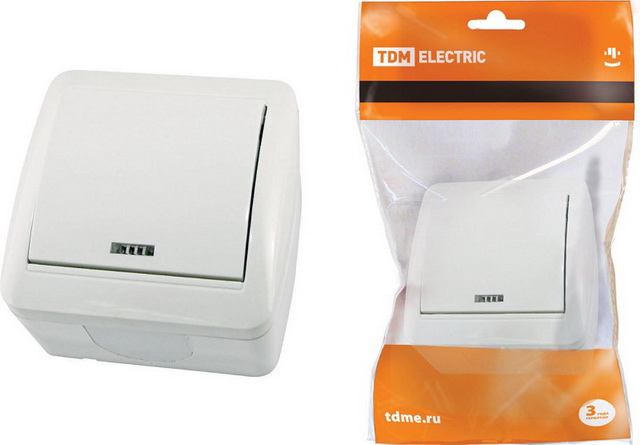 Выключатель TDM 1-клавиша  открытой установки, с подсветкой IP44 10А белый, &quotСелигер&quot, 0003