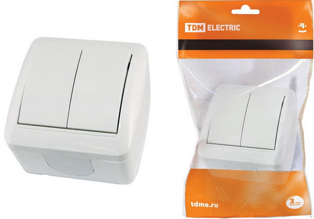Выключатель TDM 2-клавишный открытой установки, IP44 10А белый, &quotСелигер&quot, 0002 *10