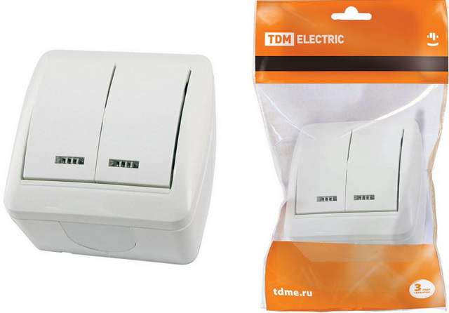Выключатель TDM 2-клавишный открытой установки,подсветка, IP44 10А белый, &quotСелигер&quot, 0004