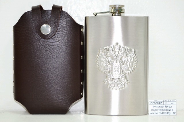 Фляжка 10 oz 300мл нерж+кожзам в чехле (048339)   Ж