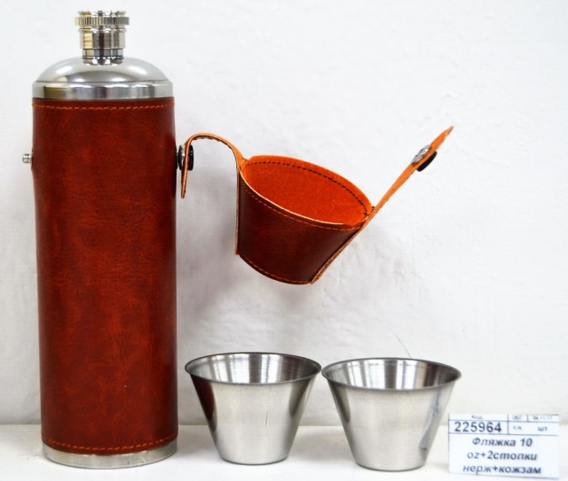 Фляжка 10 oz 300мл +2 стопки нержавеющая сталь + кожезаменитель (048349)   Ж