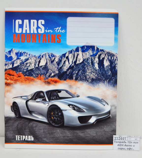 Тетрадь 12 листов линия ФЕН Авто и горы, офисная, выборочный УльтраФиолет, 34148 *50