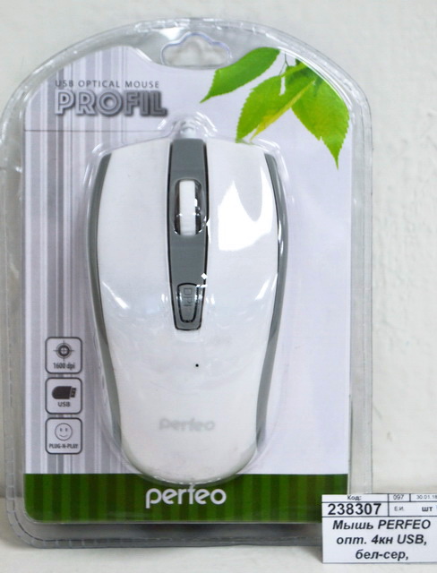 Мышь PERFEO оптическая, 4 кнопки USB, бело-серая, PF-383-OP-W/GR (PF_4931)
