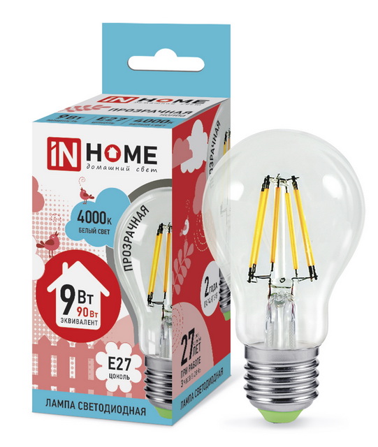 Лампа светодиодная IN HOME LED-A60-deco 9Вт E27 4000К 810Лм *50