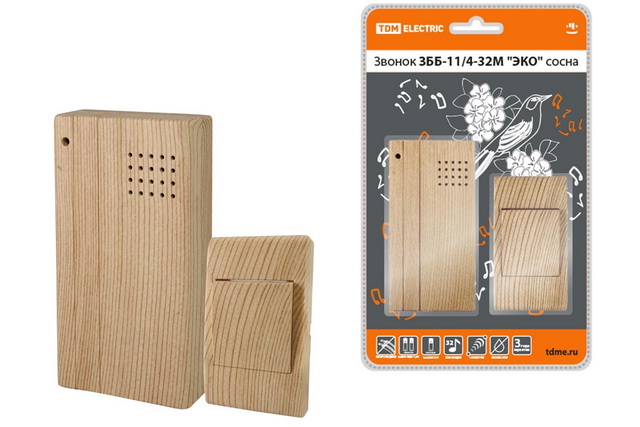 Звонок беспроводной на батарейках ЗББ-11/4-32М сосна 32мелодии, 2хААА TDM, 0022