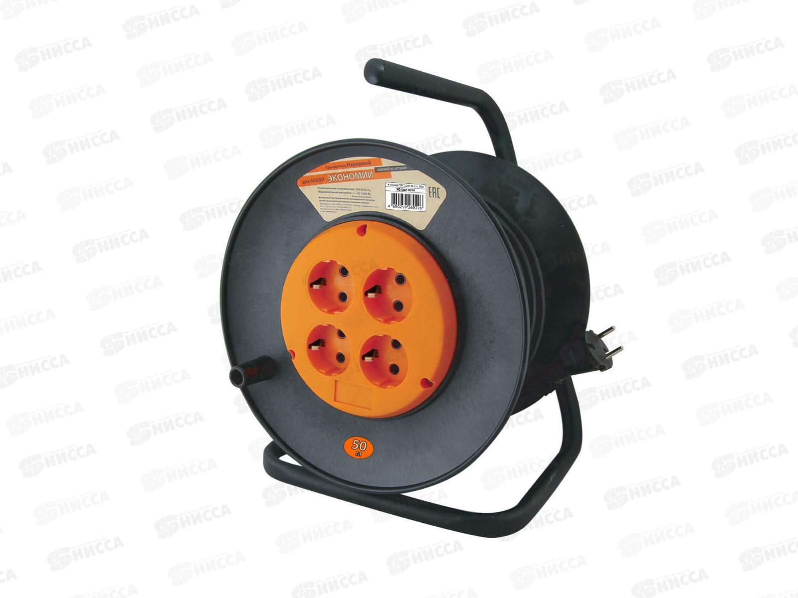 Удлинитель на катушке силовой народный 4 гнезда ПВС 2200 Вт с заземлением, 50м, 0514