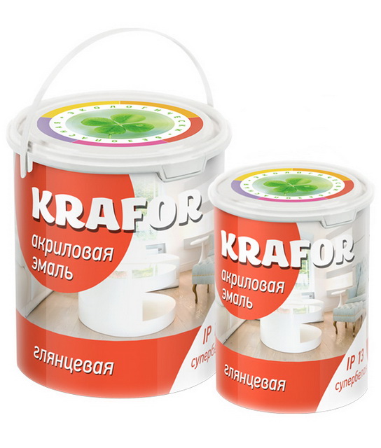 до 01,20 Эмаль акриловая глянцевая супербелая для наружных и внуренних работ Krafor 1кг