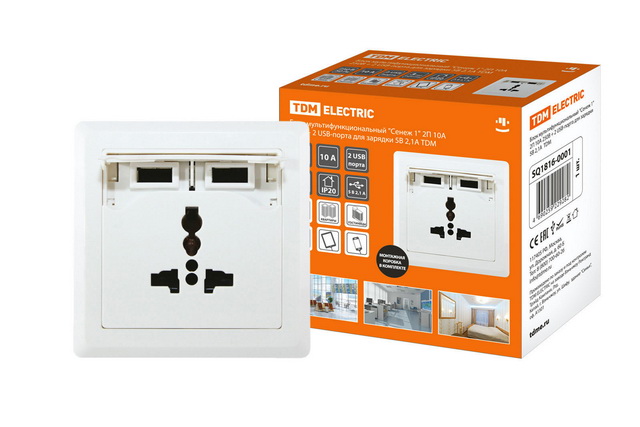 Блок мультифункциональный Сенеж-1, 2П 10А 250В + 2USB 5В 2.1А, 0001