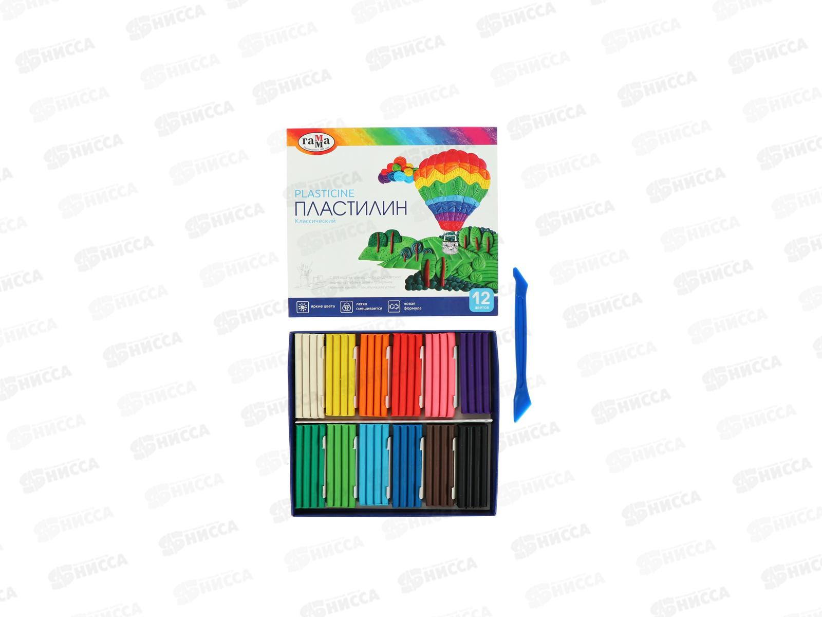Пластилин 12 цветов 240грамм ГАММА Классический со стеком, 281033 *16