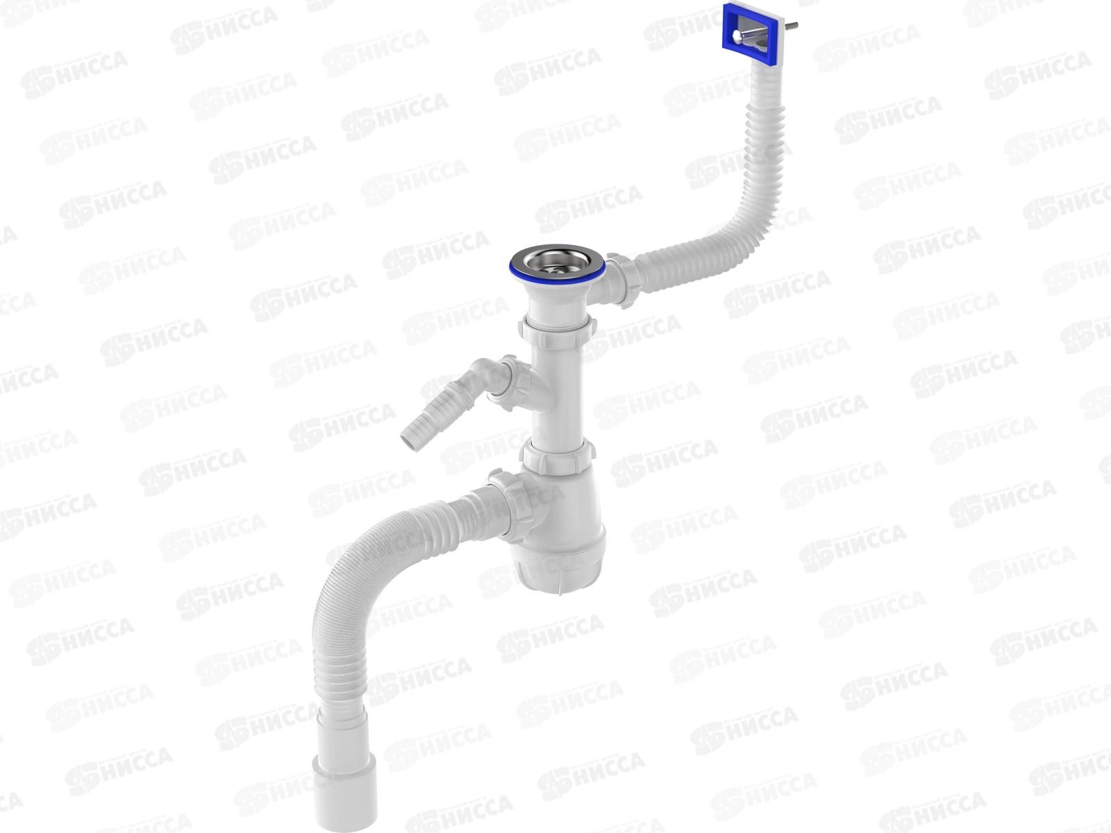 Сифон для кухни 1 1/2&quot х 40 с отводом для стиральной машины и переливом с гибкой трубой, B0015 *20