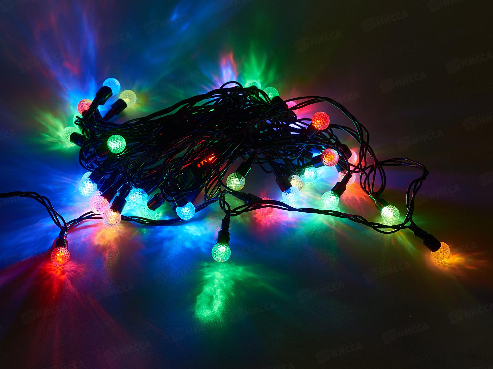 Гирлянда 5м, &quotШары ледяные малые&quot,40 диодов, цветные,черный провод, AL-8607 *100