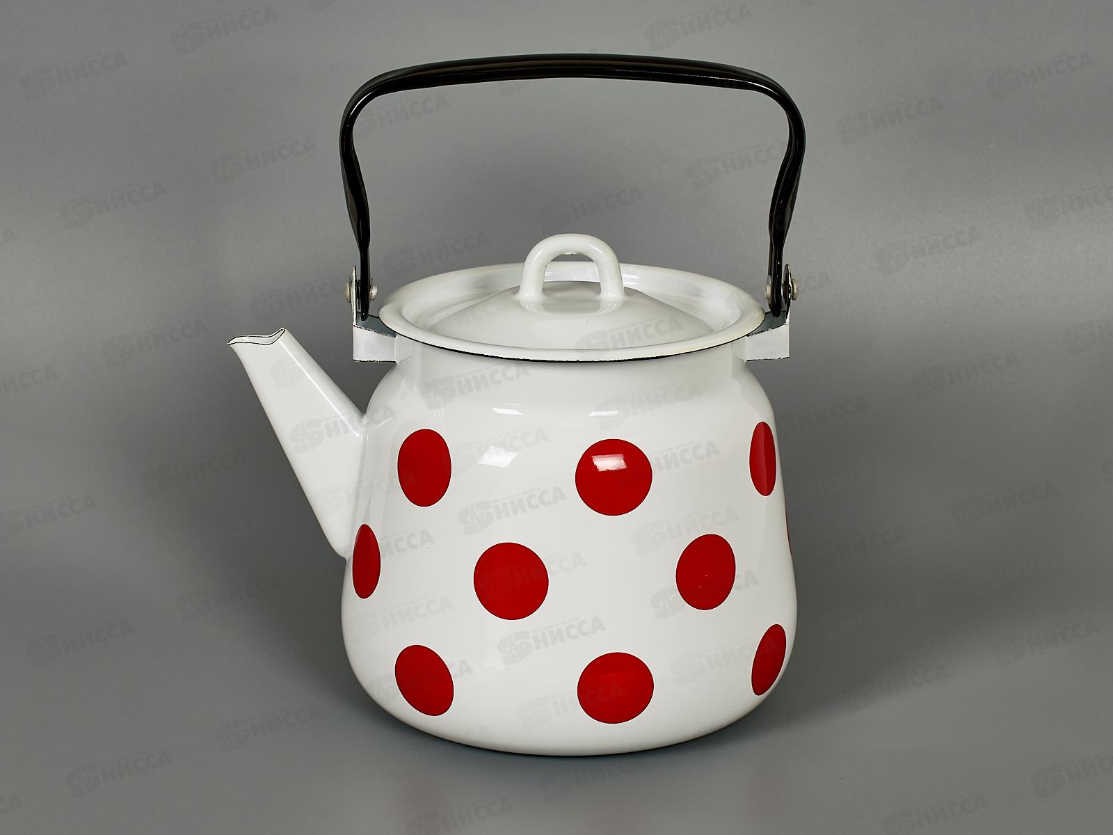 Чайник 3,5л декорированный сферический Красный горох, белый с петлей С2716*79