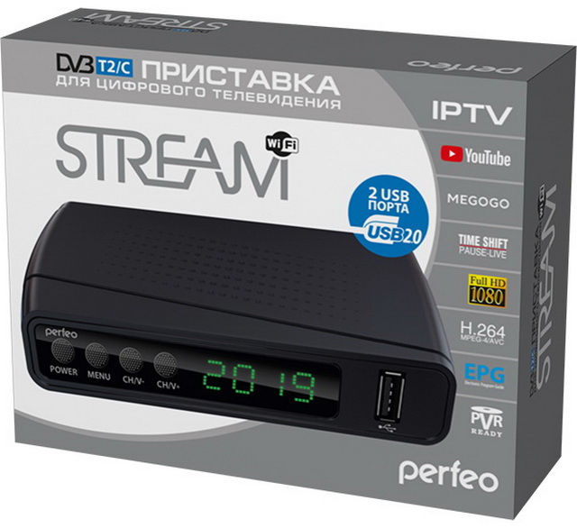 Телевизионная приставка Perfeo DVB-T/T2/C Stream для цифрового ТВ, HDMI, 2 USB, DolbyDigital, пульт ДУ