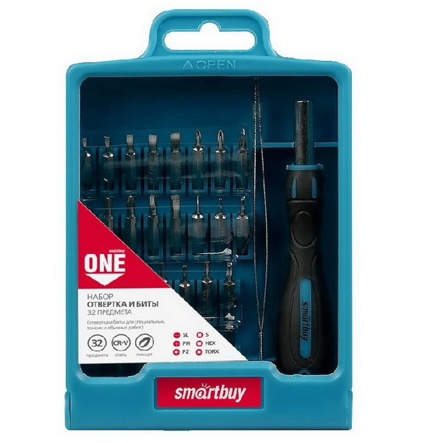 Отвертка с набором бит (насадок) 32 предмета, отвертка, 30 бит, пинцет, CR-V, Smartbuy One Tools, SCBS-32P1