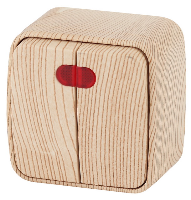 Выключатель INTRO Polo двухклавишный, открытой установки, с подсветкой, 10А-250В, сосна, 3-105-11 *18