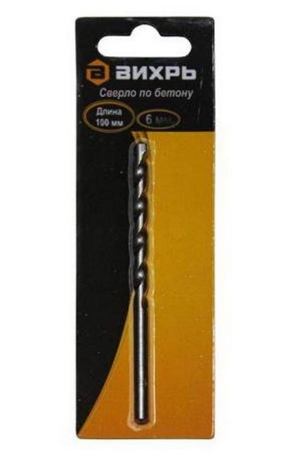 Сверло по бетону 6x100, цилиндрический хвостовик (1 шт. в блистере) Вихрь