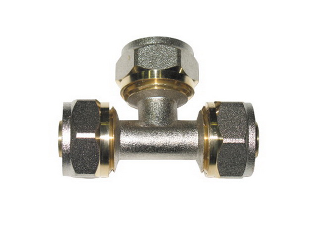 Тройник для метеллопластиковой трубы 16мм цанга/цанга/цанга Aqualink, 00160 *10/80