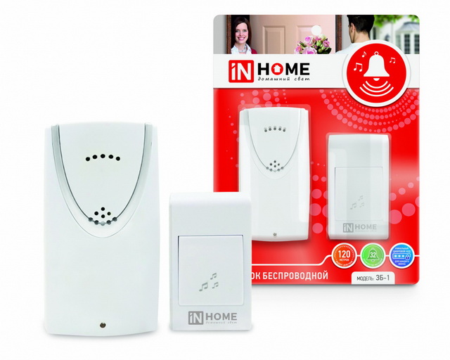 Звонок без проводной IN HOME 3Б-1 32мелодии 120м с кнопкой белый