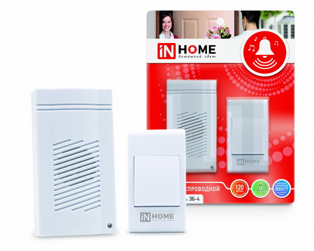 Звонок беспроводной IN HOME 3Б-4 32мелодии 120м с кнопкой сетевой белый