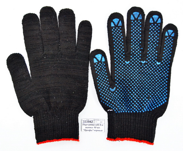 Перчатки хлопчатобумажные 5-и нитка 10 класс "Профи"черные с ПВХ "Точка"размер 9 Э*10/250