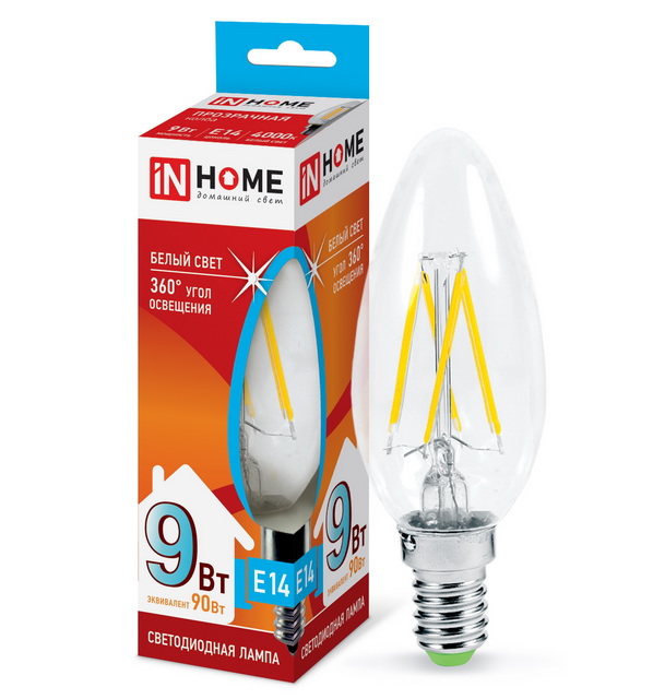 Лампа светодиодная IN HOME LED-Свеча на ветру-deco 9Вт E14 4000К 810Лм *50