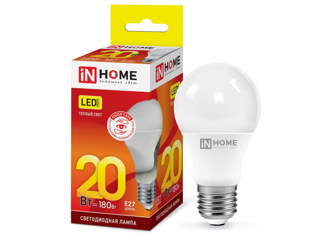 Лампа светодиодная IN HOME LED-A60-VC 20Вт E27 3000К 1800Лм *10/100