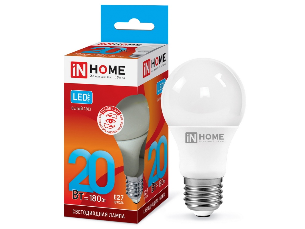 Лампа светодиодная IN HOME LED-A60-VC 20Вт E27 4000К 1800Лм *10/100